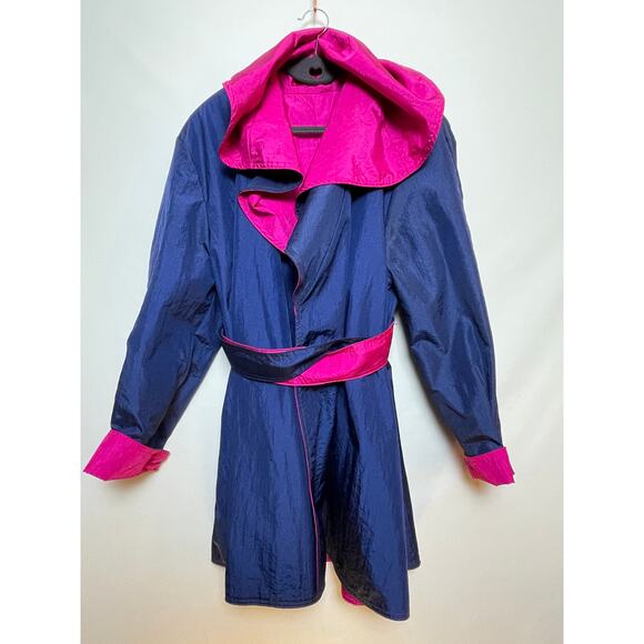 Vintage 80s Reversible Raincoat - One Size - Fuchsia &‎ Blue w/ Matching Belt - Picture 1 of 6